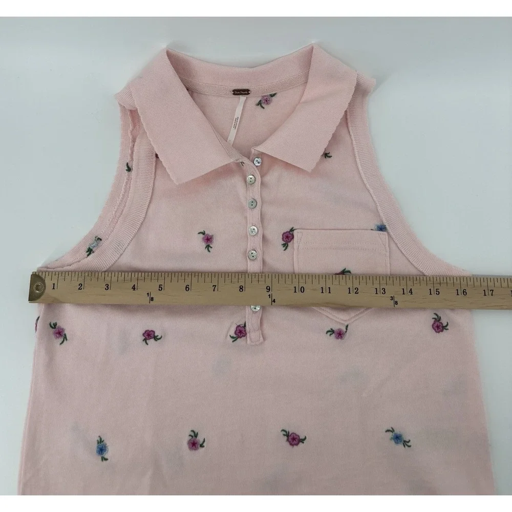 Free People Pink Pepper Knit Polo Sz S Embroidered Floral Preppy $90